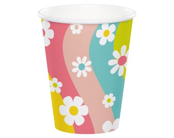 Tasses de fête groovy - Deux tasses d'anniversaire groovy, articles de fête rétro, décorations d'anniversaire hippie, fête des années 70, décorations de fête Flower Power