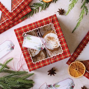 Op de afbeelding: Een feestelijke kerstcadeaudoos met een rood en geel ruitpatroon. De doos bevat koekjes met witte glazuur en kaneel. De doos is vastgebonden met touw en bevat een label met de tekst "Merry Christmas".