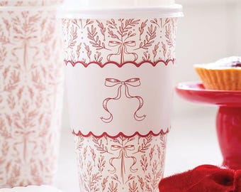 Red Bow Christmas To Go Cups 16oz, Holiday Coffee Cups with Sleeves & Lids, Christmas Party Hot Cocoa Cups, Festive Winter Drink Cups 8ct