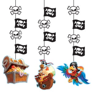 Colgantes para fiesta pirata (3 unidades): decoraciones de cumpleaños piratas, artículos para fiestas piratas, decoraciones colgantes piratas, artículos para cumpleaños con barco pirata