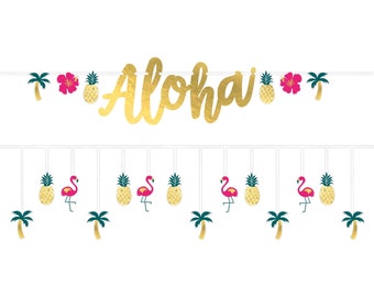 Estandarte de fiesta Aloha - Estandarte de cumpleaños tropical, Suministros para fiestas de flamencos, Decoraciones para fiestas de Luau, Baby Shower tropical, Decoración de despedida de soltera