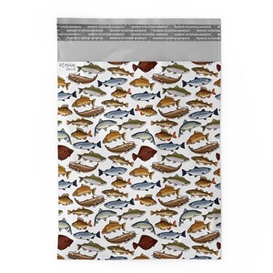 May include: A white background with a repeating pattern of various types of fish in different colors, including brown, blue, green, and orange. The fish are all facing different directions and are arranged in a random pattern.