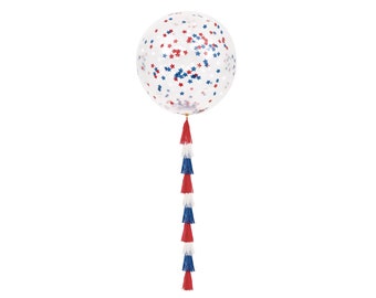 Red White Blue Confetti-filled Latex Balloon with Tassel Tail, Stars & Stripes Birthday, Patriotic Party, Superhero Birthday Decorations