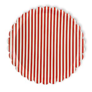 Puede incluir: Un plato de papel redondo con borde festoneado. El plato presenta rayas verticales rojas y blancas. Adecuado para servir comida en una fiesta o evento.