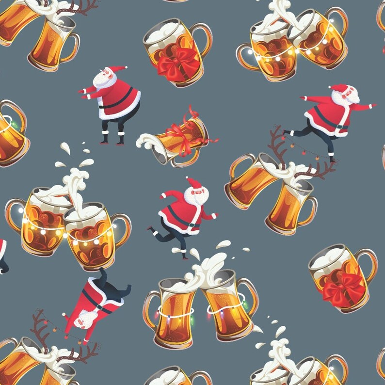 May include: A seamless pattern featuring Santa Claus characters, beer steins, and Christmas lights. The background is a light blue color. The beer steins are filled with a golden liquid and have a foamy head. The Santa Claus characters are wearing red suits with white trim and black boots. They are holding beer steins and are in various poses. The Christmas lights are white and are strung around the beer steins.