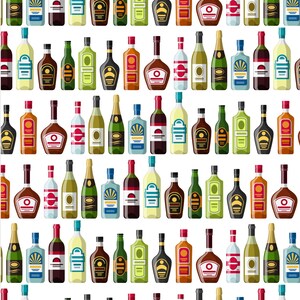 Peut inclure: Un motif sans couture de bouteilles de liqueur color&eacute;es avec diff&eacute;rentes &eacute;tiquettes et designs. Les bouteilles sont dispos&eacute;es en rang&eacute;es et sont toutes de la m&ecirc;me taille. Le fond est blanc.