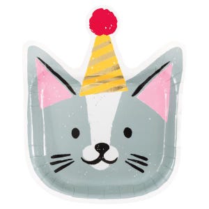 May include: Gray cat paper party plate with a pink nose, white whiskers, and a yellow and gold party hat with a red pom-pom.