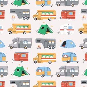 May include: A seamless pattern featuring various types of recreational vehicles, including RVs, campers, and trailers. The pattern also includes tents and campfires, creating a fun and whimsical design.