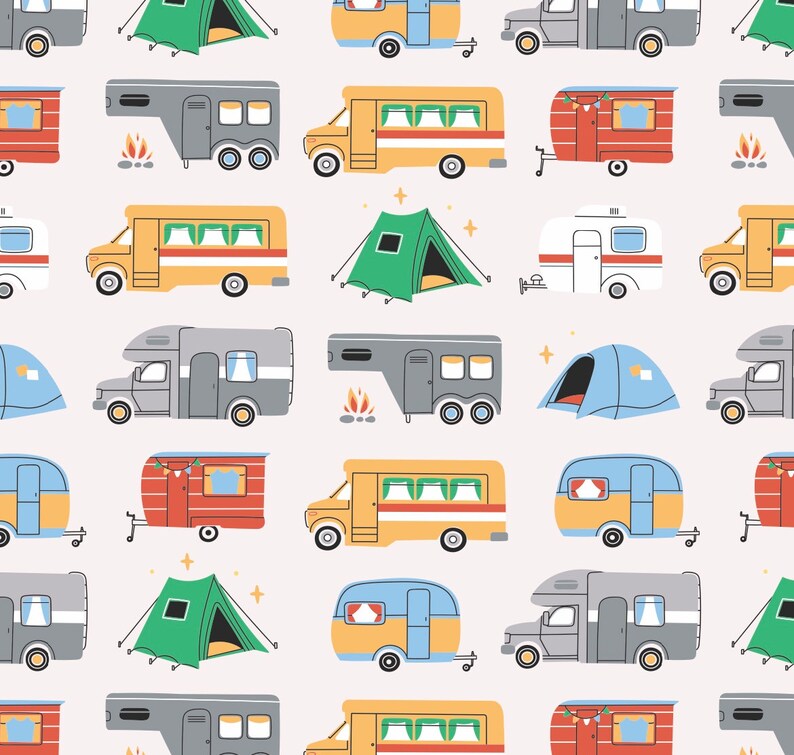 May include: A seamless pattern featuring various types of recreational vehicles, including RVs, campers, and trailers. The pattern also includes tents and campfires, creating a fun and whimsical design.