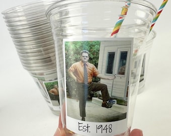 Personalized Photo Cups 16oz Plastic Disposable Cups Custom Text Party Cups Picture Birthday Funeral Graduation Wedding Anniversary Est Year