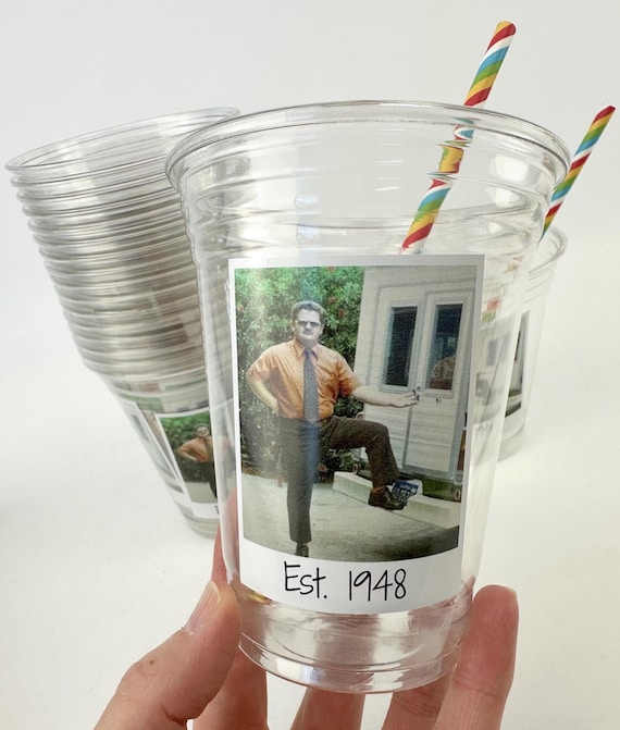 Personalized Photo Cups 16oz Plastic Disposable Cups Custom Text Party Cups Picture Birthday Funeral Graduation Wedding Anniversary Est Year