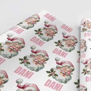 Papel de regalo vintage rosa de Papá Noel, papel de regalo personalizado, regalo de Santa Girl, papel navideño nostálgico, papel de regalo navideño con nombre