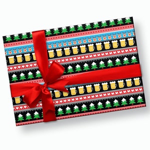 May include: A red and white gift box with a black and white Christmas pattern featuring reindeer, beer mugs, and Christmas trees. The box is tied with a red ribbon.