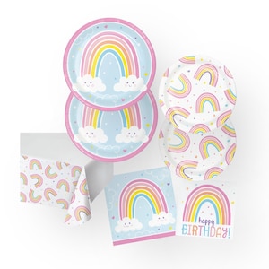 Pastel Rainbow Birthday Tableware Set (16 Guests) - Rainbow Party Supplies, Pastel Birthday Decorations, Girl Birthday Plates & Napkins