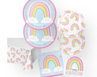 Vajilla de cumpleaños arcoíris pastel (16 invitados) - Artículos para fiestas arcoíris, decoraciones de cumpleaños pastel, platos y servilletas para cumpleaños de niña