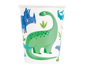 May include: A set of paper cups with a dinosaur theme. The cups feature a green dinosaur with blue spots, a blue dinosaur with a horn, and a blue flying dinosaur. The cups are white with a green and blue design.