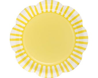 Gelb gestreifte Papierteller mit ausgebogter Spitze, Partyteller 8ct, Sonnenschein Geburtstag, Daisy Party, Groovy Party, Sommer-Babyparty