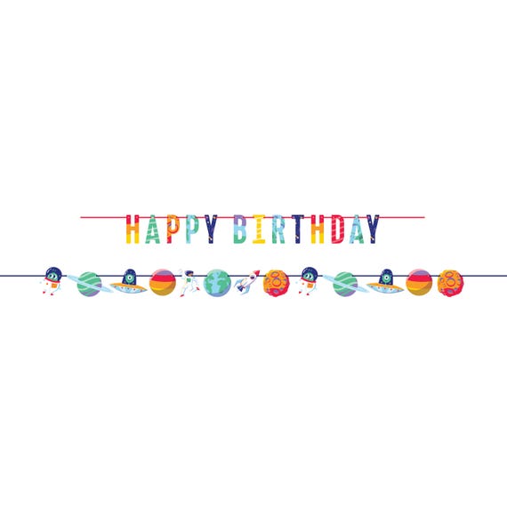 Space Birthday Banner – 2pc Paper & Satin Ribbon Astronaut + Planet Garland for Kids Outer Space Party, Galaxy, and Rocket Party Decor