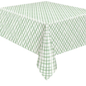 May include: A green and white checkered tablecloth with a watercolor-like design. The tablecloth is made of a soft, durable fabric and is perfect for adding a touch of elegance to any dining table.