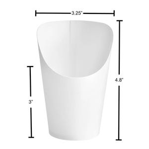 Puede incluir: Cono de papel blanco para servir patatas fritas, que mide 7,6 cm de ancho y 12,2 cm de alto.
