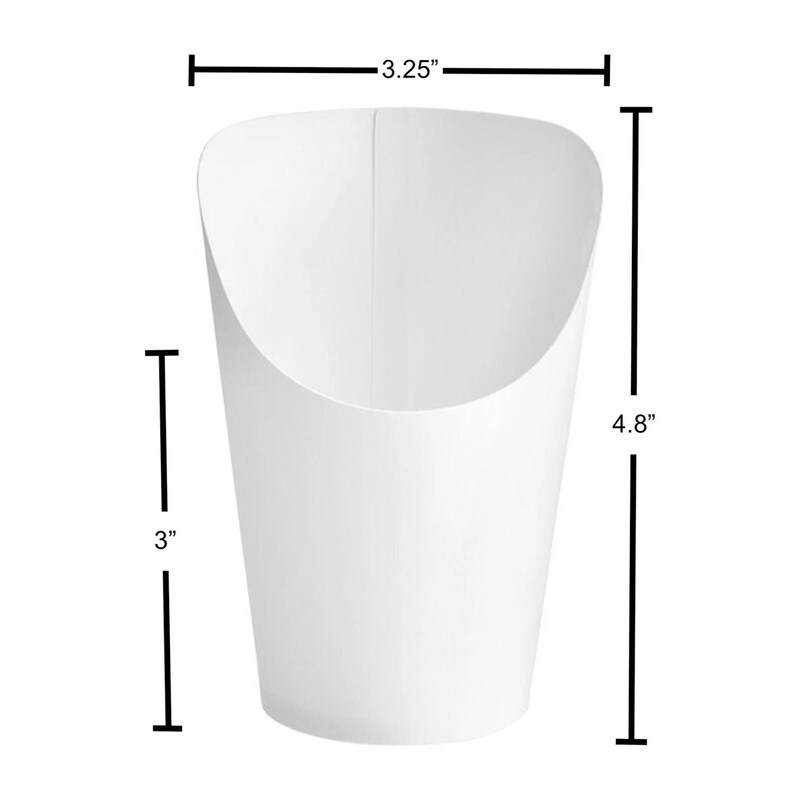 Puede incluir: Cono de papel blanco para servir patatas fritas, que mide 7,6 cm de ancho y 12,2 cm de alto.