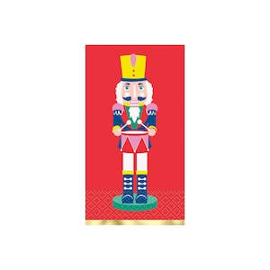 May include: A red and white nutcracker with a blue uniform and a yellow hat is playing a red drum with two white drumsticks. The nutcracker is standing on a green circle with a red background.