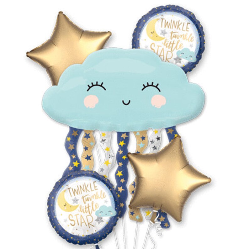 May include: A cluster of helium balloons in a baby shower theme. The arrangement includes a light blue cloud-shaped balloon with a smiling face, gold star-shaped balloons, and round balloons with the text "Twinkle Twinkle Little Star". Ribbons with star patterns hang from the cloud.