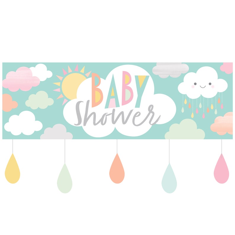 K&ouml;nnte beinhalten: Ein hellblaues Banner mit einer wei&szlig;en Wolke, einer gelben Sonne und dem Text "BABY SHOWER" in bunten Buchstaben. Das Banner hat f&uuml;nf h&auml;ngende gelbe, gr&uuml;ne, orange und rosa Regentropfen.