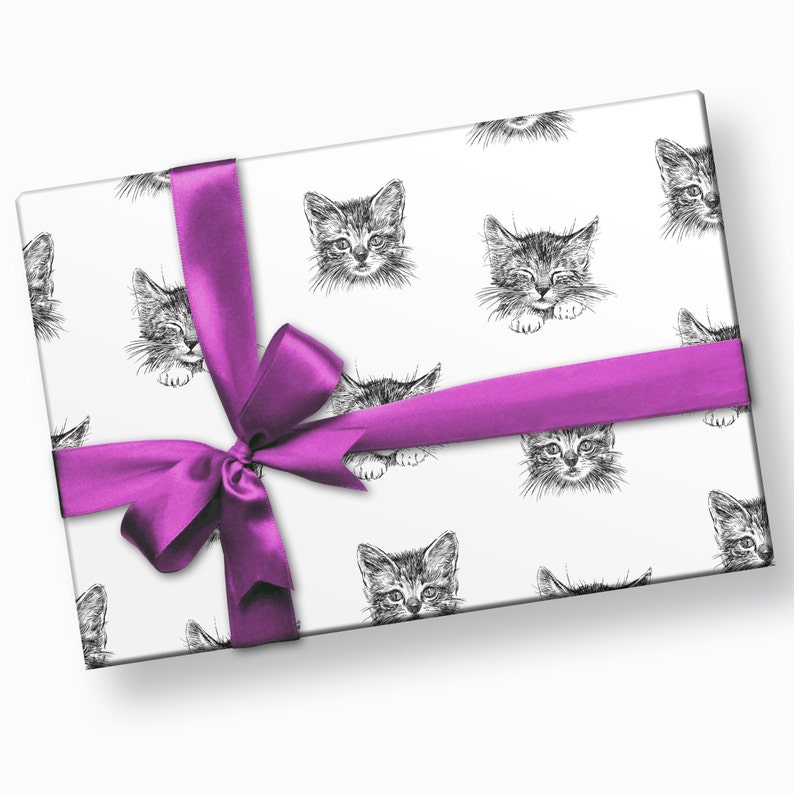 May include: A white gift box with a purple ribbon and a repeating pattern of black and white illustrations of kittens.