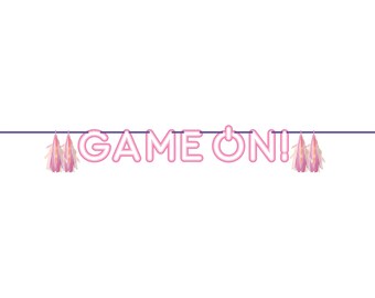 May include: A pink neon sign that reads "GAME ON!" with a power button symbol, strung on a purple string. The sign is flanked by two sets of pink and white tassel decorations, against a white background.
