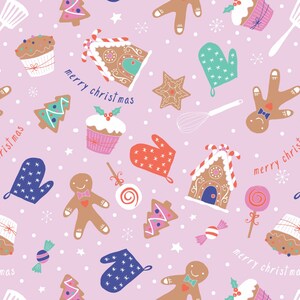 Puede incluir: Un fondo rosa con un patr&oacute;n repetido de casas de jengibre, hombres de jengibre, &aacute;rboles de Navidad, cupcakes, bastones de caramelo y guantes. El texto "merry christmas" se repite en todo el patr&oacute;n.