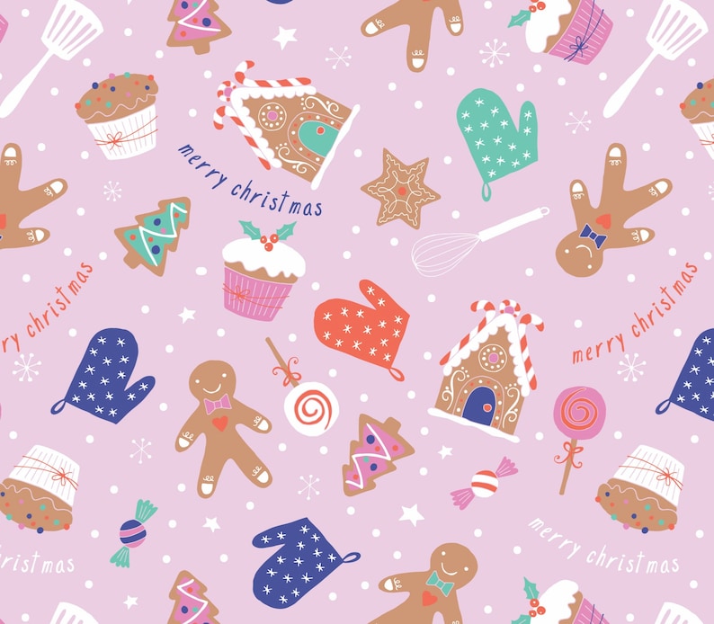 Puede incluir: Un fondo rosa con un patr&oacute;n repetido de casas de jengibre, hombres de jengibre, &aacute;rboles de Navidad, cupcakes, bastones de caramelo y guantes. El texto "merry christmas" se repite en todo el patr&oacute;n.