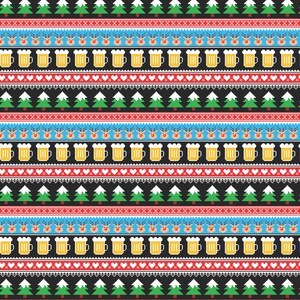 May include: A repeating pattern of a Christmas sweater design with red, white, blue, green, and black colors. The pattern includes reindeer, beer mugs, Christmas trees, and hearts.