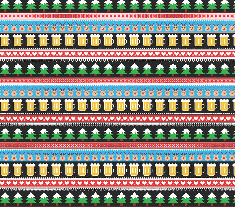 May include: A repeating pattern of a Christmas sweater design with red, white, blue, green, and black colors. The pattern includes reindeer, beer mugs, Christmas trees, and hearts.