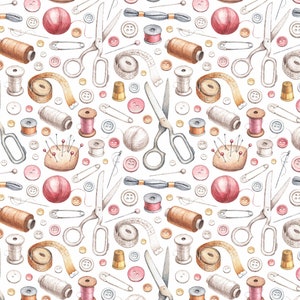 May include: A watercolor illustration of sewing supplies, including spools of thread, buttons, needles, pins, scissors, and measuring tape. The illustration is on a white background and features a variety of colors, including red, blue, green, and brown.