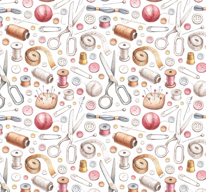 May include: A watercolor illustration of sewing supplies, including spools of thread, buttons, needles, pins, scissors, and measuring tape. The illustration is on a white background and features a variety of colors, including red, blue, green, and brown.