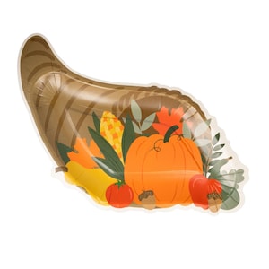 May include: A decorative paper plate shaped like a cornucopia, filled with autumn harvest elements. The plate features a brown horn shape with a pumpkin, corn, leaves, and other fall produce. The plate is designed with a white background.