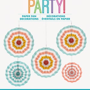 May include: Five colorful paper fan decorations in assorted sizes. The fans are striped in shades of pink, yellow, blue, and white. The text on the packaging reads "PARTY!" "Paper Fan Decorations" "D&eacute;corations &Eacute;ventais en Papier" "5 CT./UN." "Sizes: 3 - 12 in. (30.4 cm), 1 - 10 in. (25.4 cm), 1 - 8 in. (20.3 cm)" "Mesures: 3 - 12 PO (30.4 cm), 1 - 10 PO (25.4 cm), 1 - 8 PO (20.3 cm)"