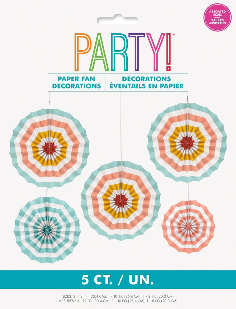 May include: Five colorful paper fan decorations in assorted sizes. The fans are striped in shades of pink, yellow, blue, and white. The text on the packaging reads "PARTY!" "Paper Fan Decorations" "D&eacute;corations &Eacute;ventais en Papier" "5 CT./UN." "Sizes: 3 - 12 in. (30.4 cm), 1 - 10 in. (25.4 cm), 1 - 8 in. (20.3 cm)" "Mesures: 3 - 12 PO (30.4 cm), 1 - 10 PO (25.4 cm), 1 - 8 PO (20.3 cm)"