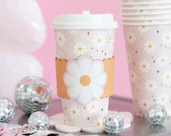 Tasses fleuries - Décorations d'anniversaire groovy, Articles de fête hippie, EVJF rétro, Deux anniversaires groovy, Tasses chaudes à emporter