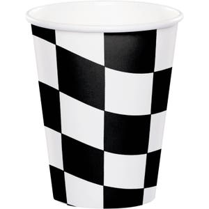 May include: Black and white checkered paper cups. The cups are designed with a checkered pattern reminiscent of a race flag.