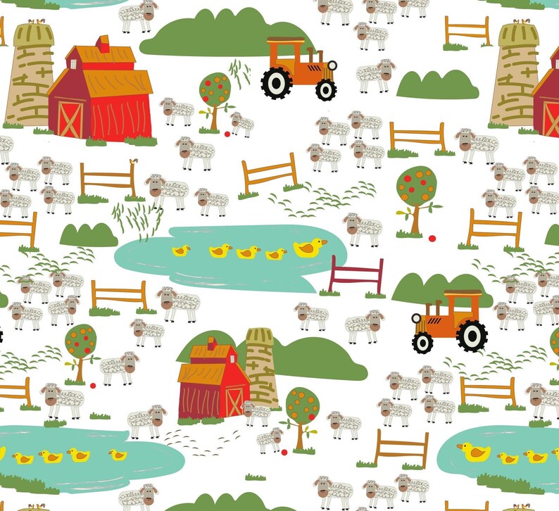 Pode incluir: Uma ilustra&ccedil;&atilde;o colorida de uma cena de fazenda com celeiros vermelhos, um lago, um trator e ovelhas. A ilustra&ccedil;&atilde;o est&aacute; sobre um fundo branco.