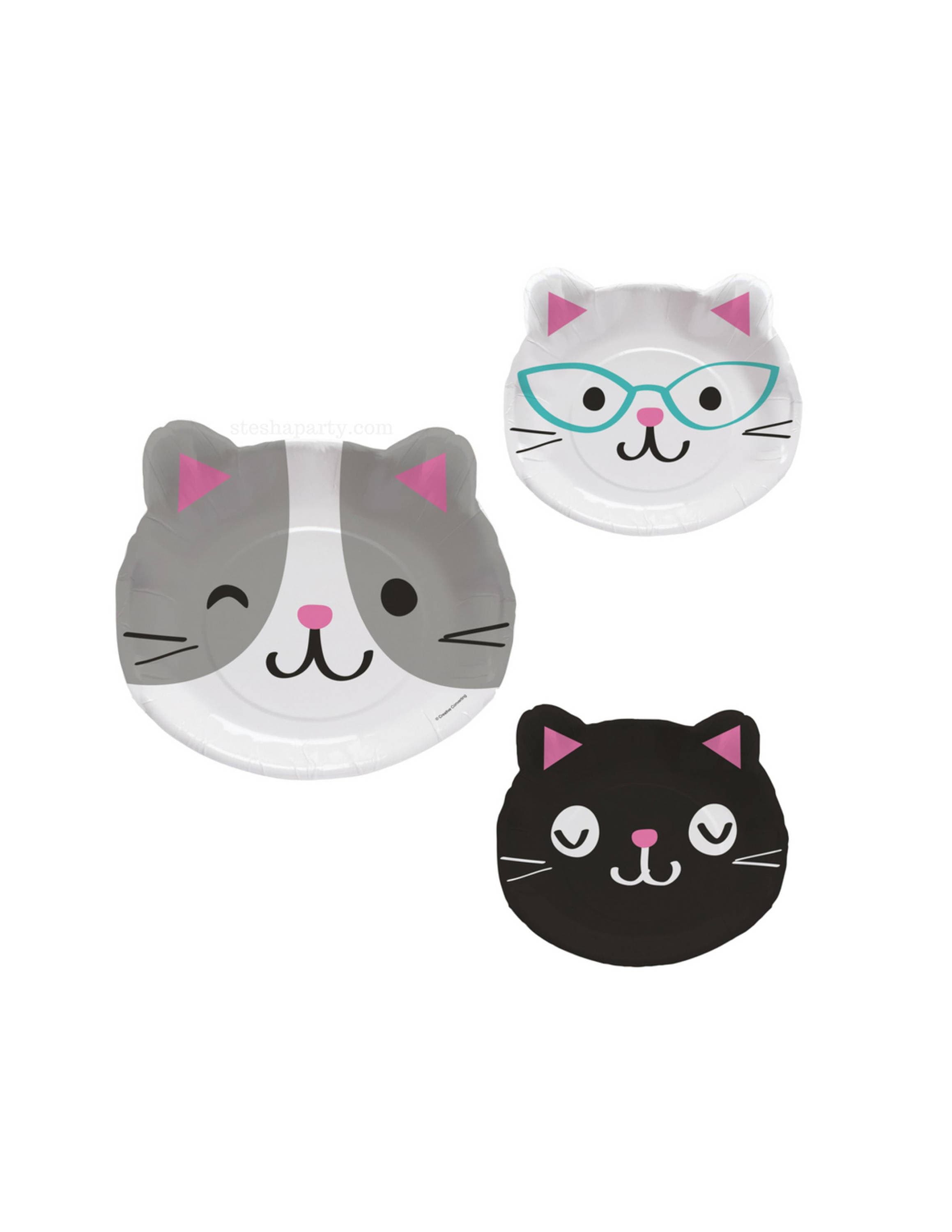 Katzenförmige Teller (8ct) - Katzengeburtstag, Katzenpartyzubehör, Kitty-Geburtstag, Katzenpapierteller