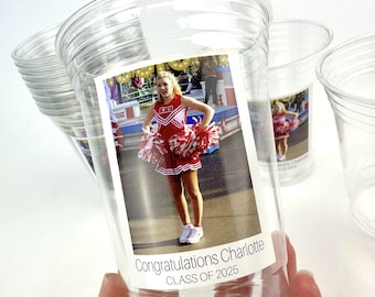 Gepersonaliseerde feestbekers met foto - 16 oz aangepaste plastic bekers met afbeelding en tekst, bekers voor afstuderen, bekers voor senioren, bekers voor feestbedankjes