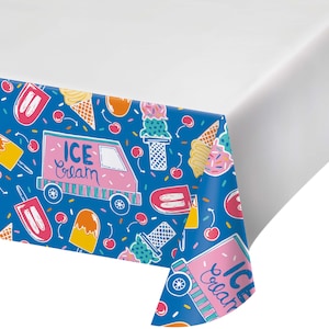 May include: A blue tablecloth featuring a pattern of ice cream trucks, cones, popsicles, and cherries. The pink ice cream truck has the words "ICE Cream". The tablecloth has a white border, suitable for a party or event.