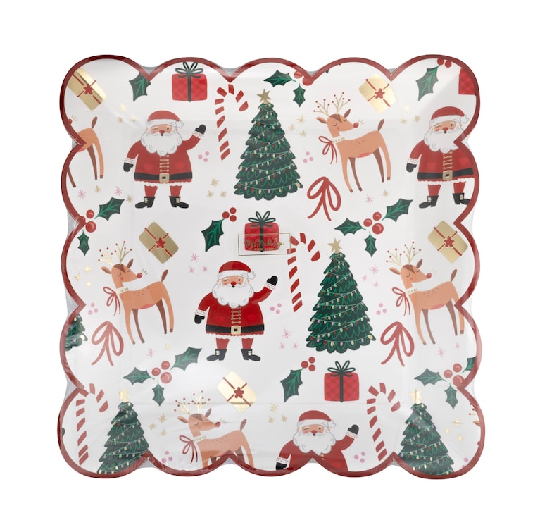 May include: White paper party plates with a scalloped edge and a festive Christmas design. The plates feature a repeating pattern of Santa Claus, reindeer, Christmas trees, candy canes, and presents. The background is white with gold glitter accents.