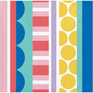 Bright Patterned Paper Napkins – 16ct Colorful Birthday Party Napkins, 5&quot; Beverage Size, Modern Stripes & Shapes, Rainbow Birthday Party