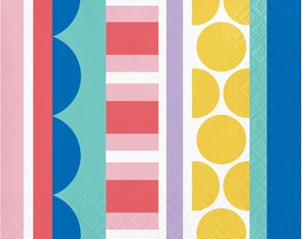 Bright Patterned Paper Napkins – 16ct Colorful Birthday Party Napkins, 5" Beverage Size, Modern Stripes & Shapes, Rainbow Birthday Party
