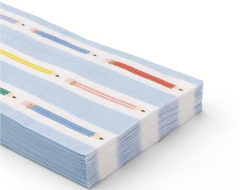 May include: A stack of light blue and white striped paper napkins. Each napkin features a colorful pencil design in red, pink, yellow, green, and blue. The pencils are arranged in a repeating pattern across the napkins.