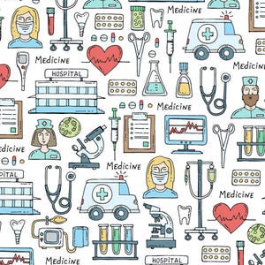 以下が含まれることがあります： ステートスコープ、心臓、病院の建物、顕微鏡、注射器、体温計、薬瓶、救急箱、医者、看護師、そして「医学」と「病院」という言葉を含む、医療用品と機器のカラフルなイラスト。